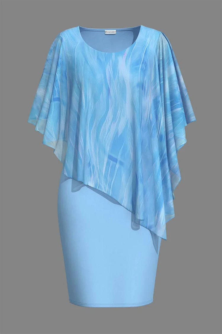 Flycurvy Plus Size Formal Blue Cape Sleeve Bodycon Fake Two Piece Midi Dress  Flycurvy [product_label]