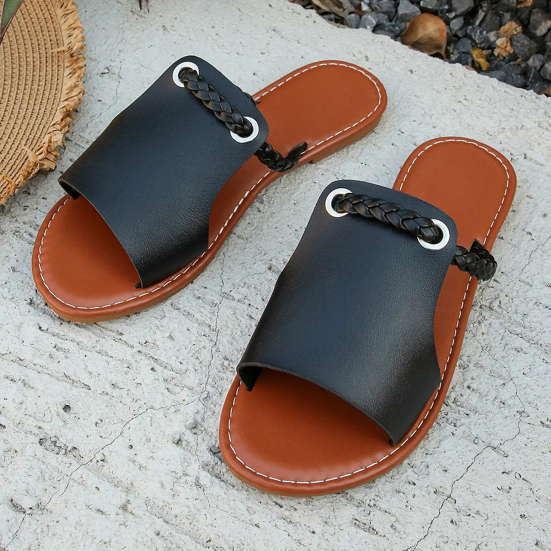 Yyvonne Braided With Fish Mouth Slippers Women Solid Color Wearing A Word Beach Cold Slippers