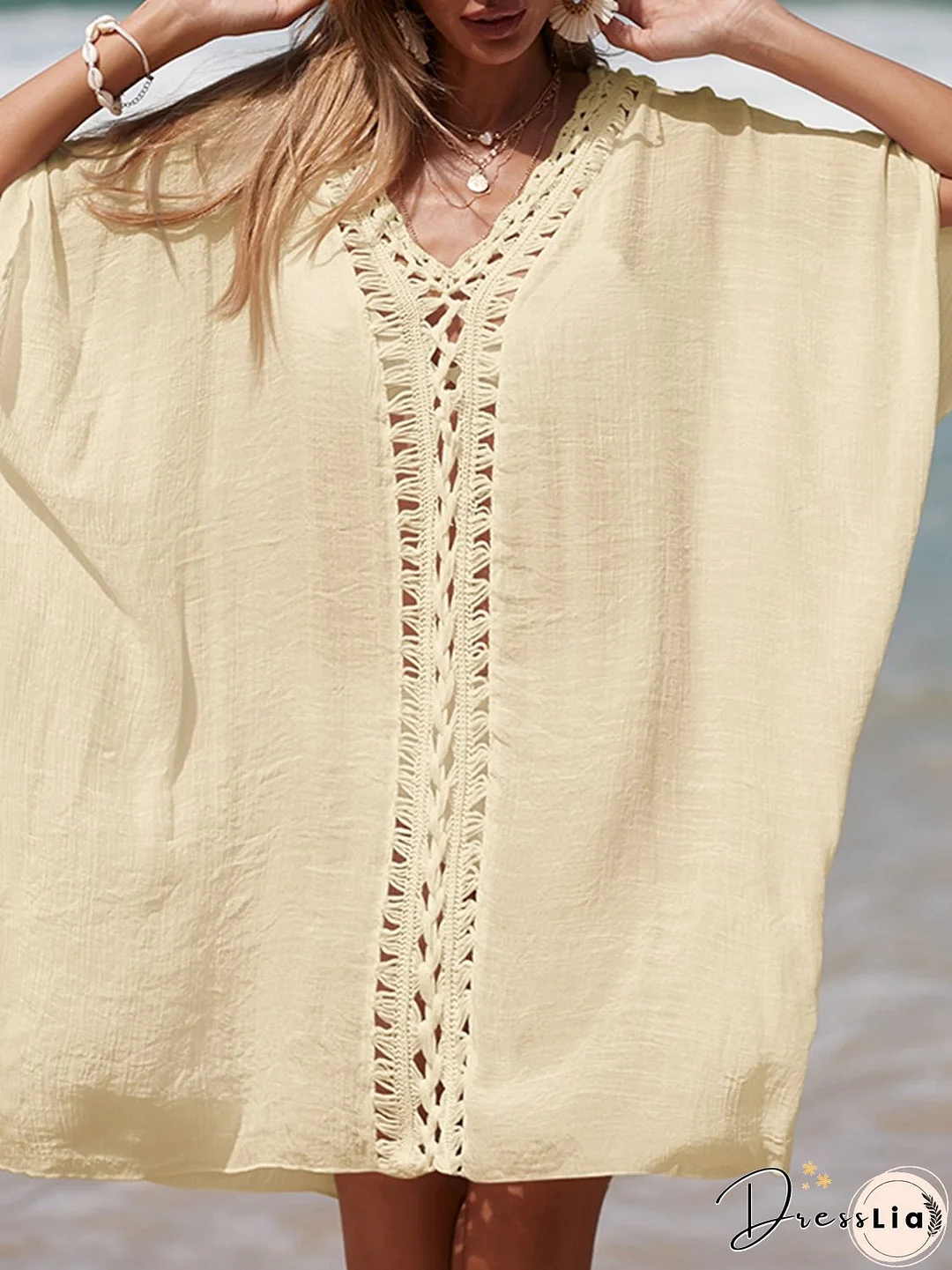 Cutout V-Neck Three-Quarter Sleeve Cover Up