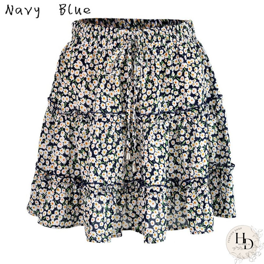 Women Fashion Casual Floral Short Skirts Summer High Waist Pleated Printed Beach Skirt