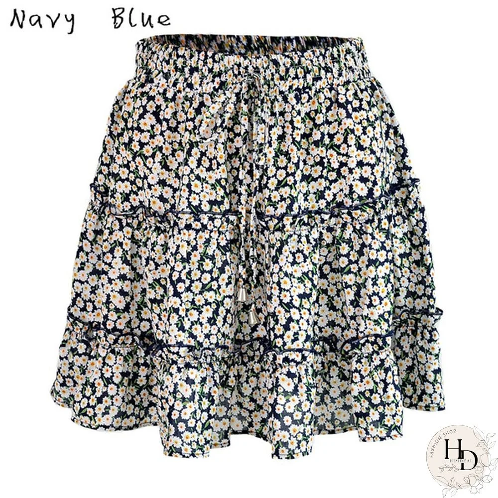 Women Fashion Casual Floral Short Skirts Summer High Waist Pleated Printed Beach Skirt