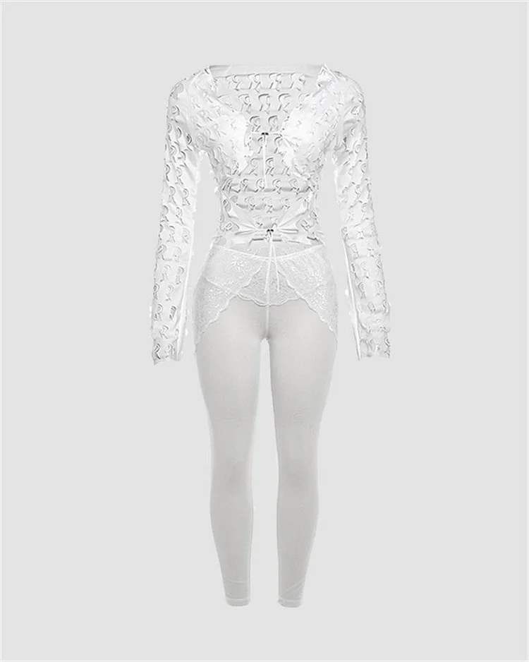 Lace Mesh Irregular Lace-Up Coord Set
