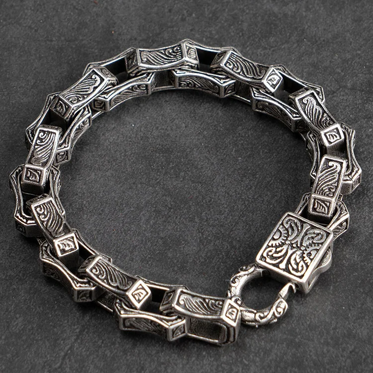 925 Silver Ocean Wave Carved Flower Retro Motorcycle Bracelet 