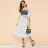 SHEIN White Mesh Yoke Polka Dot Ruffle Hem Vintage Summer Long Dress Women Bishop Sleeve Fit and Flare A Line Elegant Dresses
