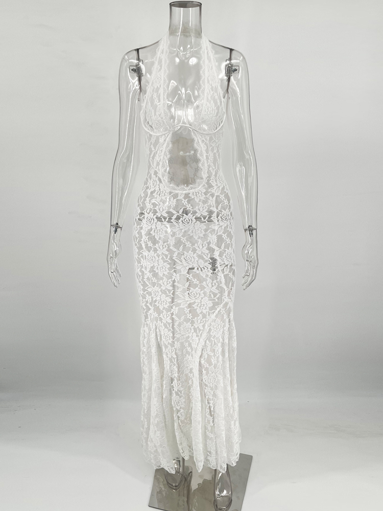  Hollow Out Lace Sexy Long Dress For Women See-Through Sleeveless Backless Fashion Printed Party Dress Summer Maxi Dress