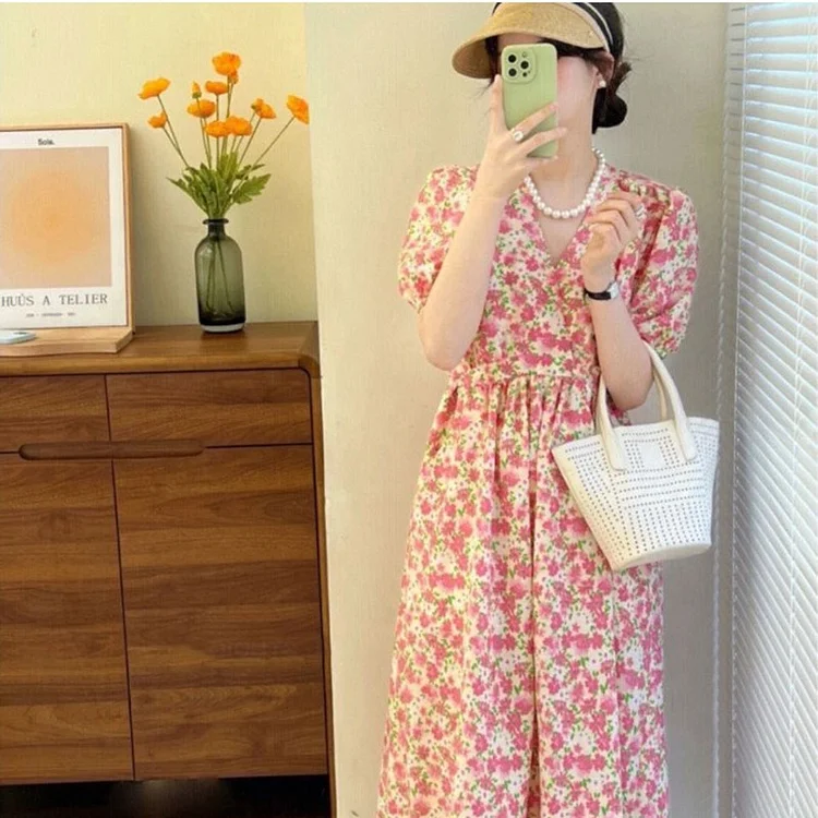 Chic Floral Bubble Sleeve Midi Dress - yankia