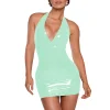 Plus Size Women Beach Party Vocation Halter Dress PVC Leather Deep V-neck Sleeveless Stretch Mini Dress Sexy Wrap Hips  Attire
