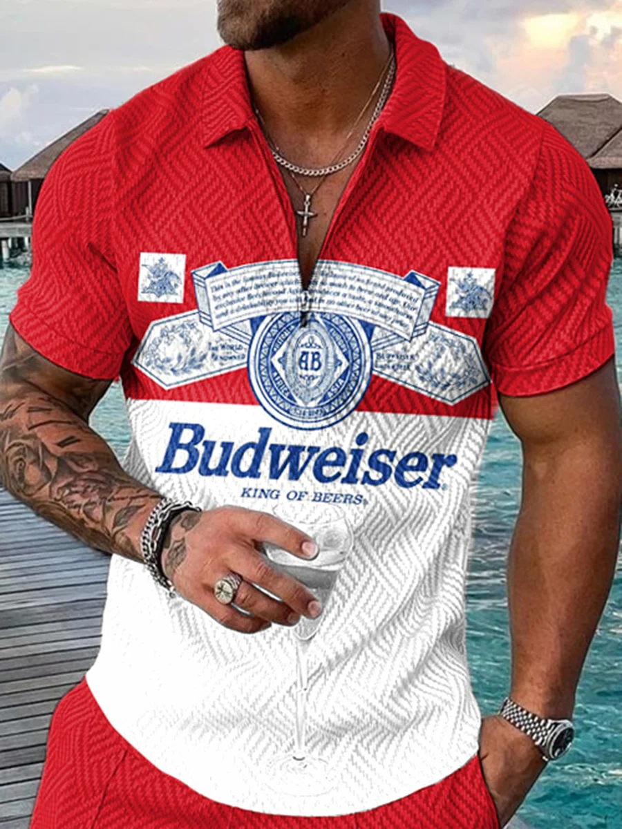 Men's Casual Lapel Red Printed Short Sleeve Polo Shirts