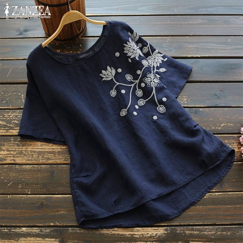 2022 ZANZEA Vintage Embroidery Tops Women's Summer Blouse Kaftan Linen Short Sleeve Tee Shirts Female O Neck Blusas S- Tunic