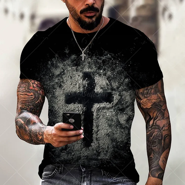 Jesus Cross Pattern Summer Short Sleeves Men's Casual T-shirts at Hiphopee