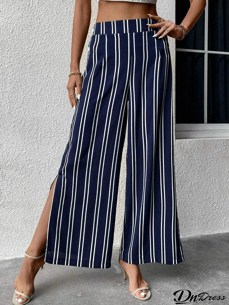 Striped Slit Wide Leg Pants