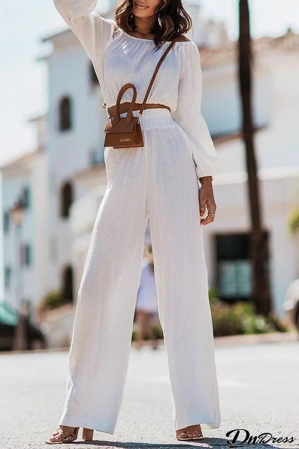 Off Shoulder Casual Top High Waist Straight Leg Pants Set