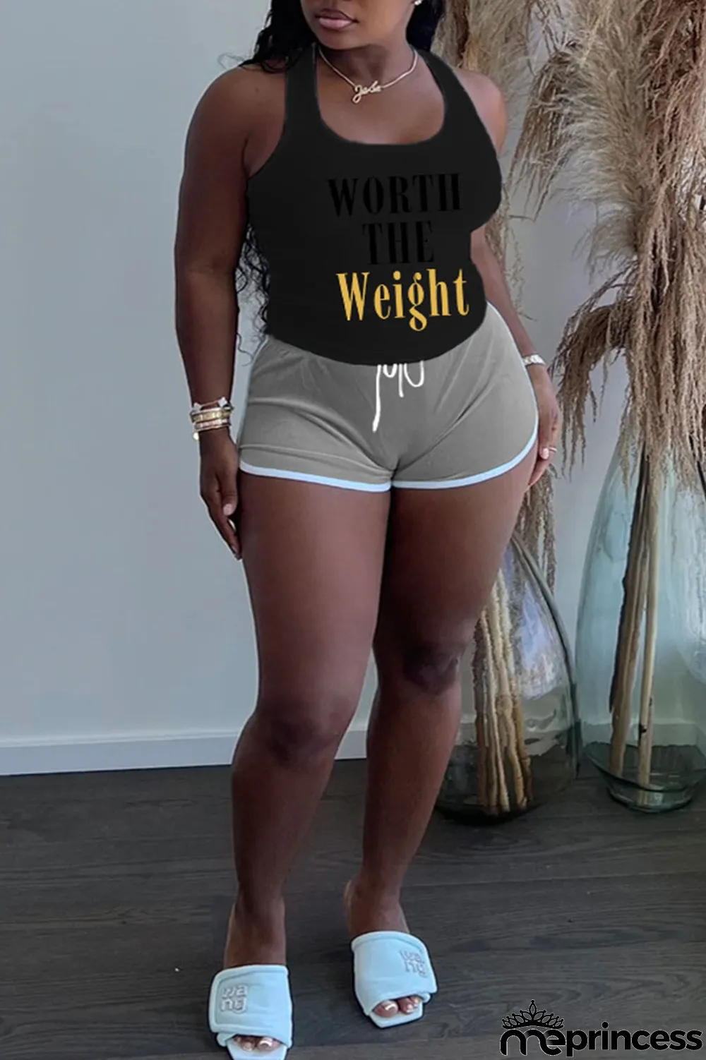 Black Plus Size Casual Letter Print Patchwork U Neck Plus Size Two Pieces