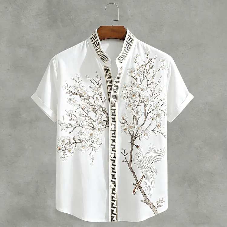 Japanese  Cherry Blossom & Crane Art Linen Blend Shirt
