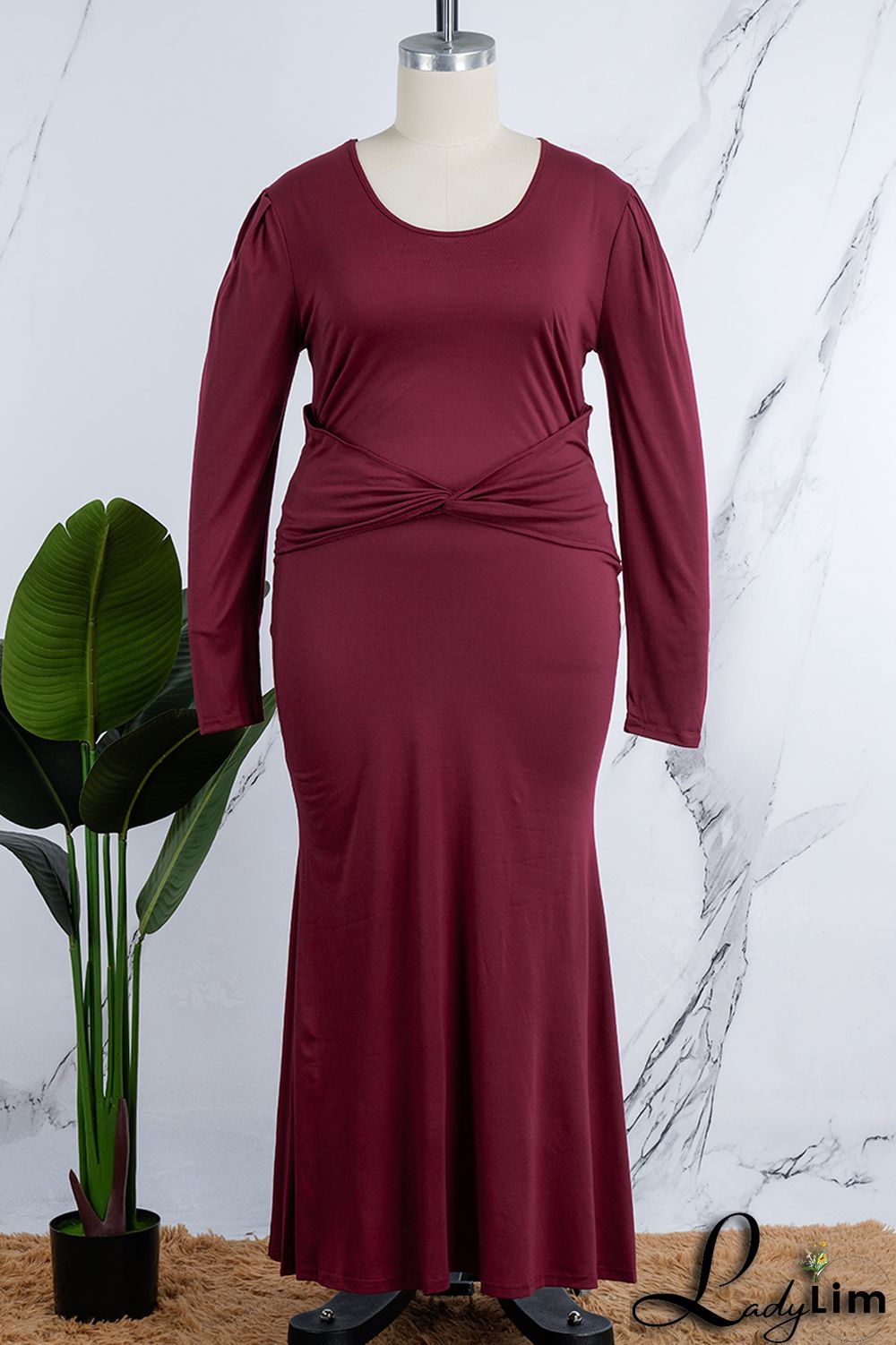 Orange Casual Solid Patchwork V Neck Long Sleeve Plus Size Dresses