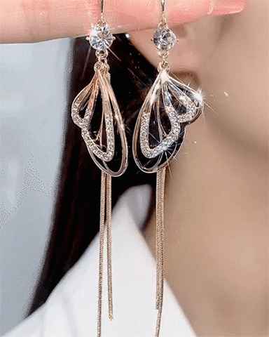 Butterfly Design Rhinestone Tassel Earrings