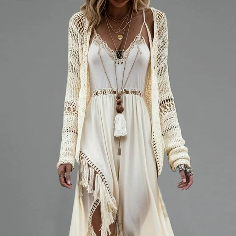 Ursime Boho Open Front Long Sleeve Hollow Crochet Knitted Cardigan