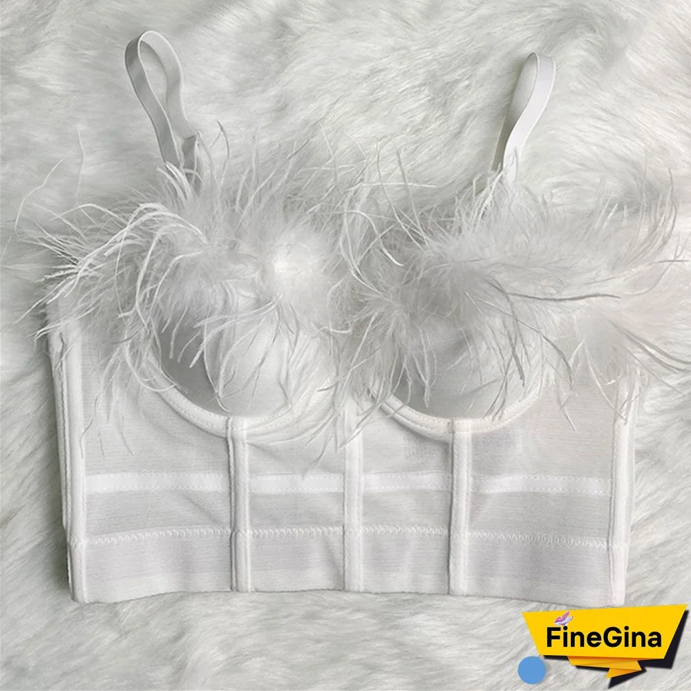 Crop Tank Top Feather Mesh Nightclub Stage Sexy Tops Female Crop Top Women Camis Top With Built In Bra Push Up Bralette Clothes