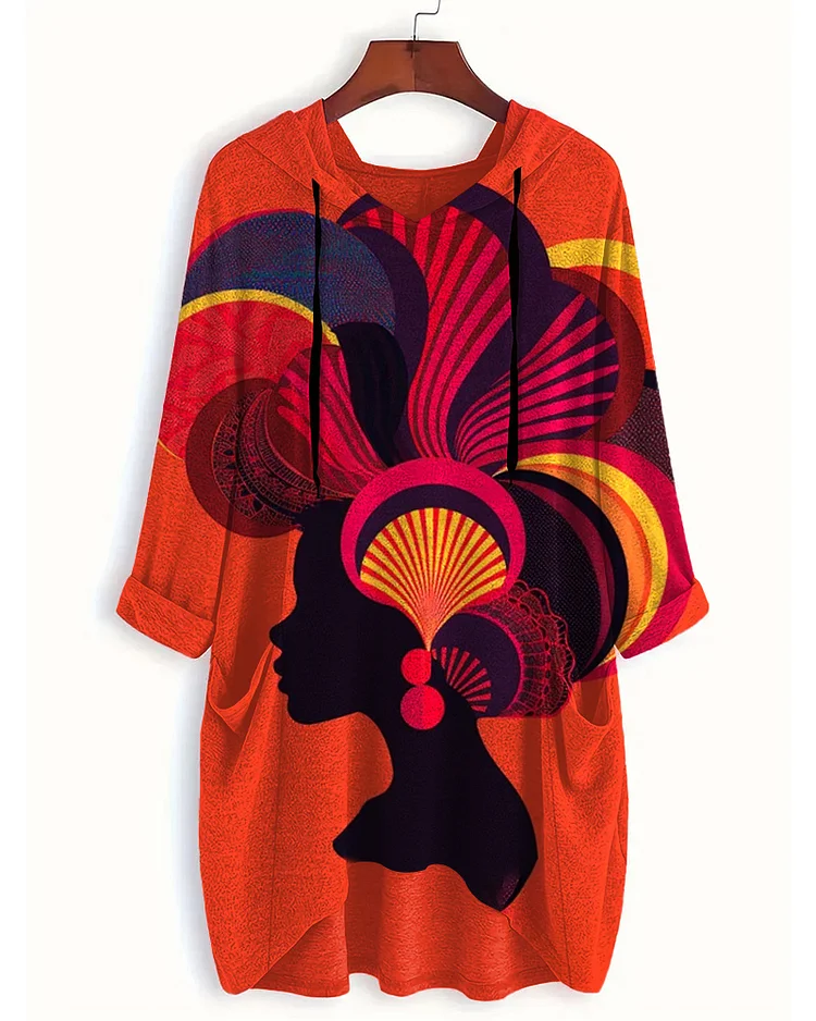 Retro Ethnic Print Hooded Pocket Three-Quarter Sleeve Long T-Shirt