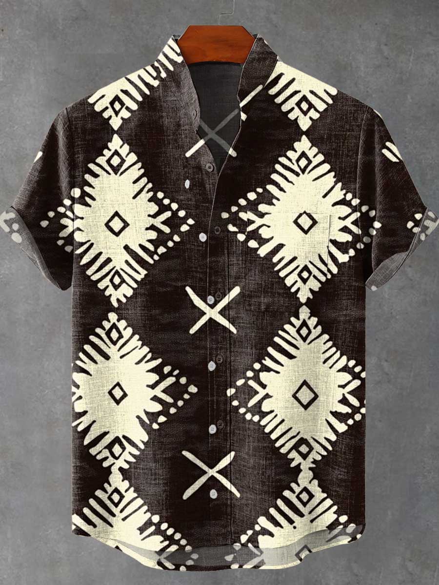 Vintage Ethnic Art Geometric Patterns Vintage Print Casual 100% Cotton Shirt