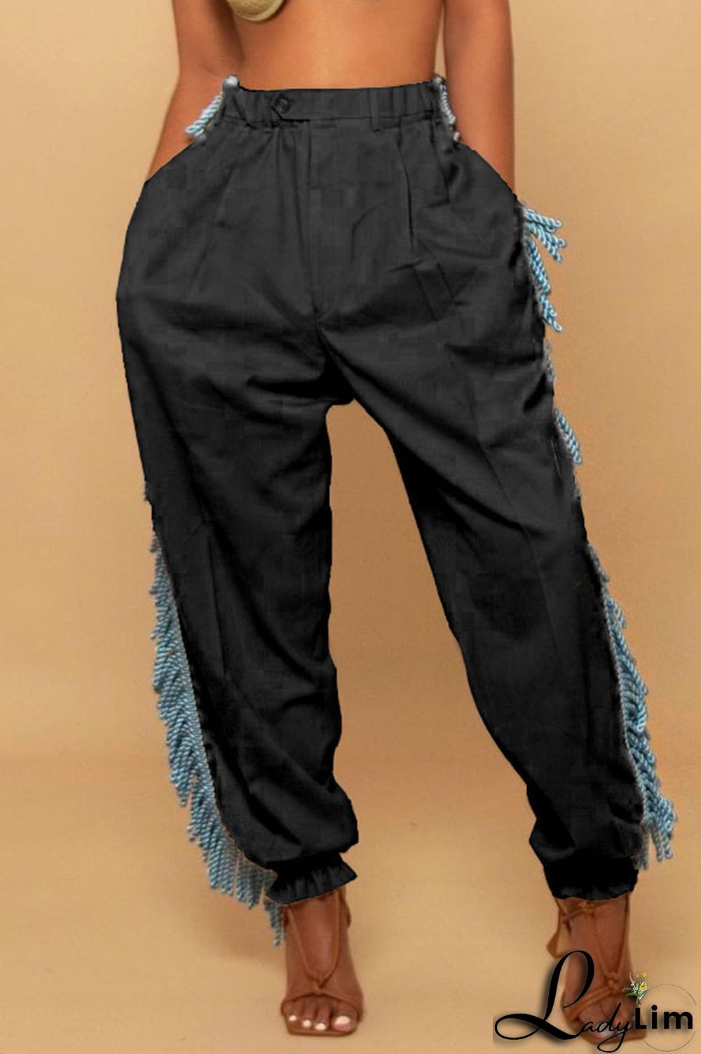 Green Casual Solid Tassel Patchwork Loose High Waist Pencil Solid Color Bottoms