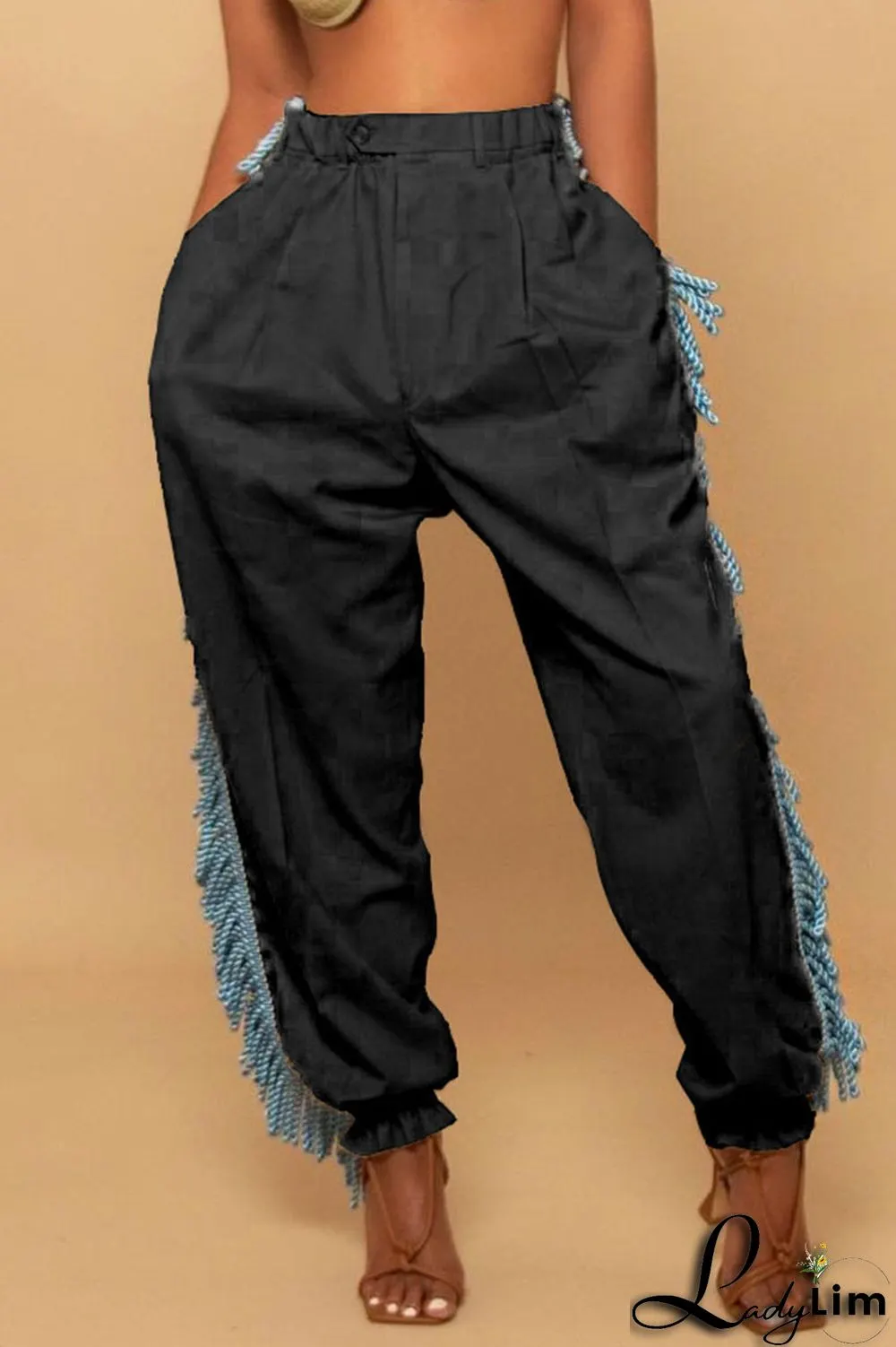 Green Casual Solid Tassel Patchwork Loose High Waist Pencil Solid Color Bottoms