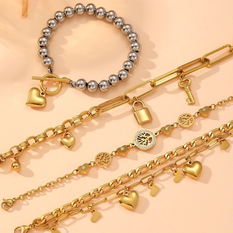 Elegant Heart Shape Titanium Steel 18K Gold Plated Beaded Chain Cable Chain Bracelets In Bulk