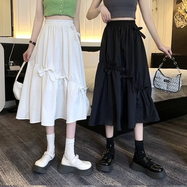Waist Bow Midi Skirt Plain A-Line High