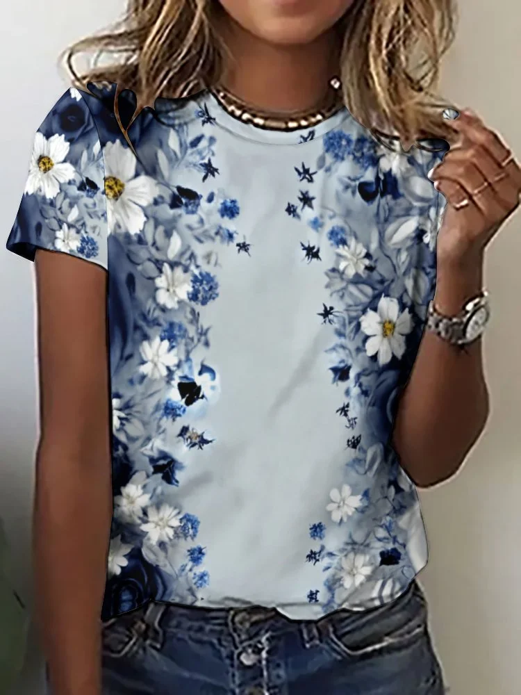 Printed Short Sleeve Casual T-shirt for  Women and Men Unisex Pattern Floral, Blue, White