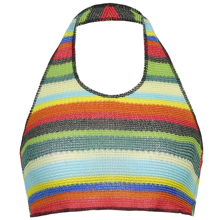 Rainbow Stripe Pattern Backless Halter Knitted Top - tree - Codlins