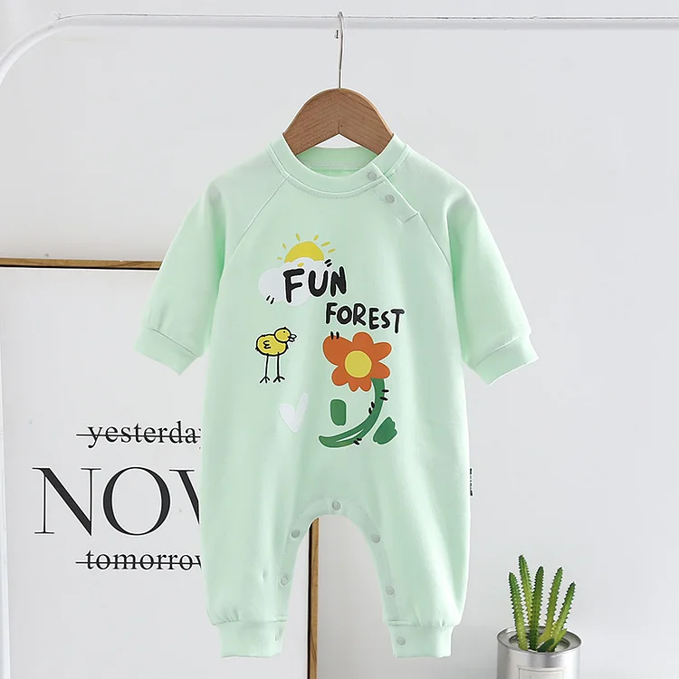 Baby Boy/Girl Letter & Cartoon Floral Graphics Long Sleeve Romper