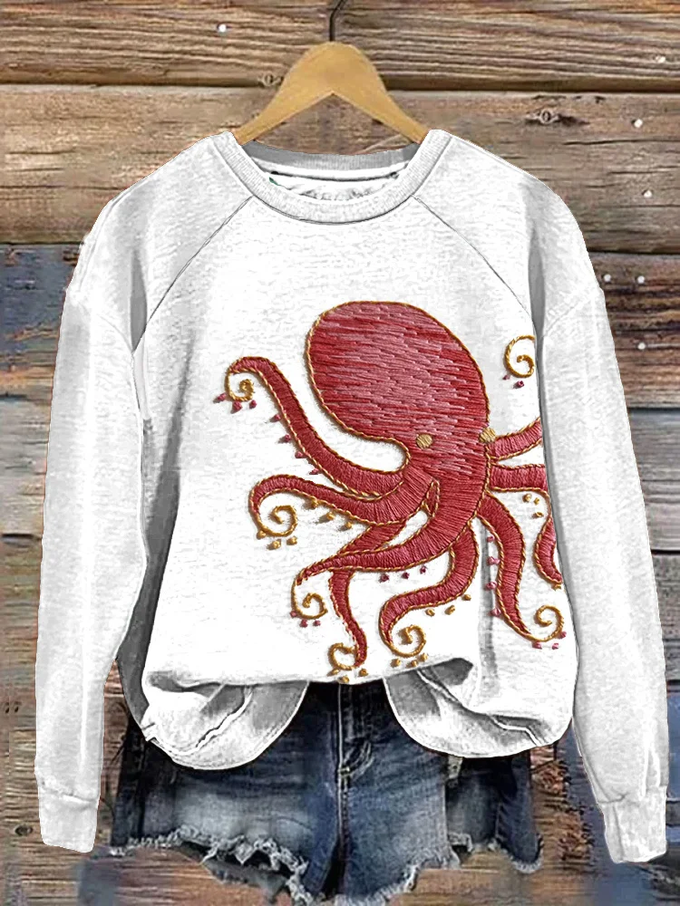 Wearshes Octopus Embroidery Pattern Casual Cozy Sweatshirt