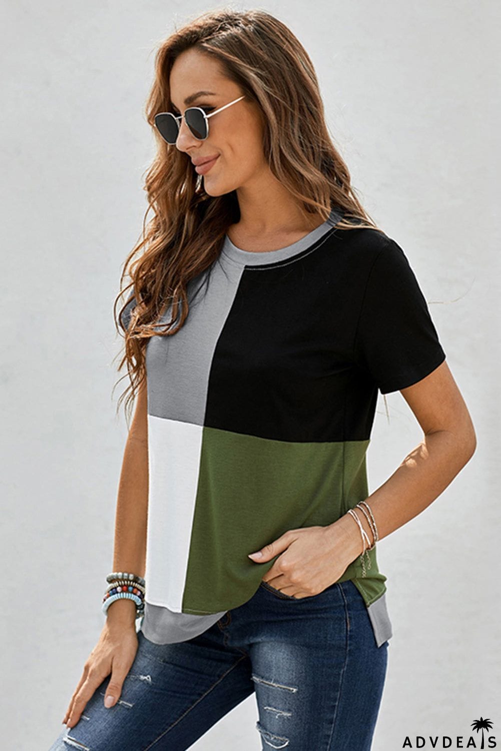 Women's Casual Army Green Colorblock Short Sleeve T-shirt with Slits