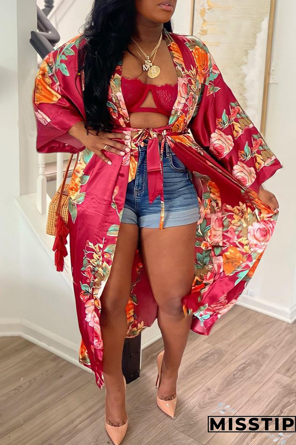 Yellow Casual Print Bandage Cardigan Collar Outerwear