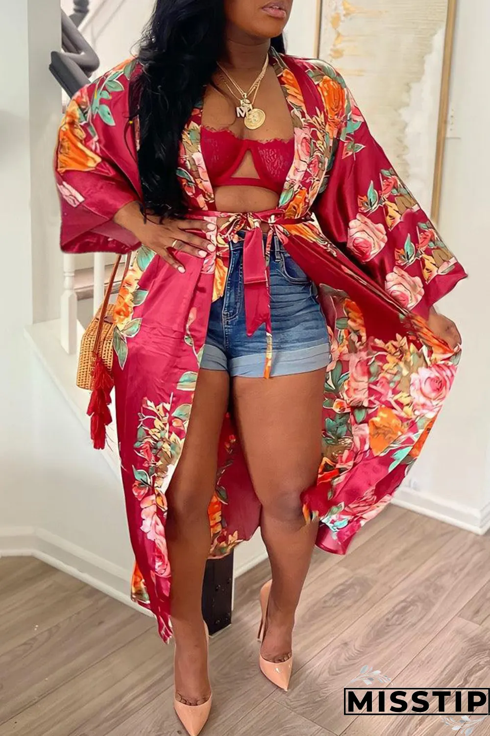 Yellow Casual Print Bandage Cardigan Collar Outerwear