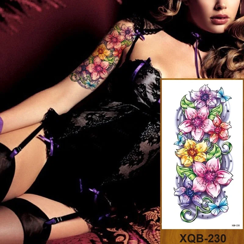 Temporary Tattoos Stickers Women Girls Arm Waist Buttocks Chest Art Fake Tatoo Sexy Flower Bush Peony Rose Lily Body Face Jewels