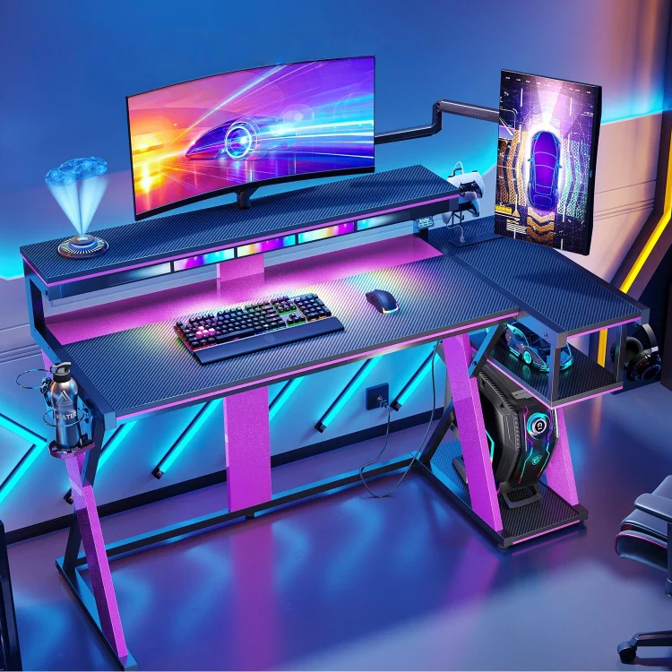 Bestier 41.6" L Shaped Gaming Desk with Flow LED Lights & Monitor Stand, Corner Computer Desk with Power Outlet & Controller Stand