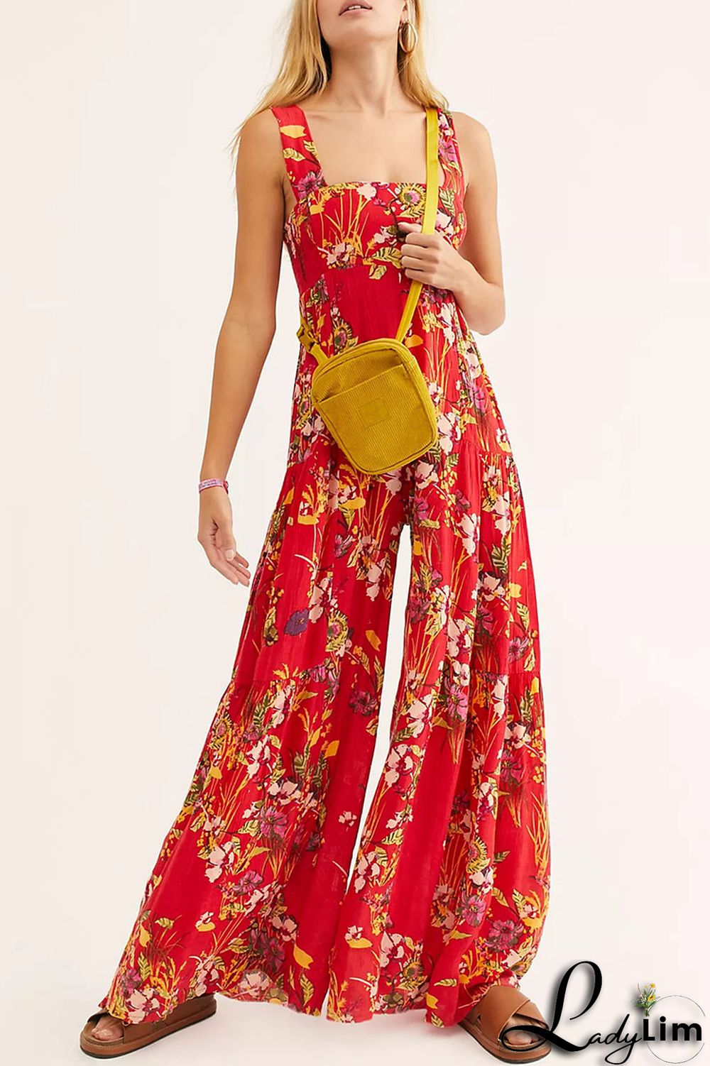 Burgundy Casual Print Split Joint Straight Jumpsuits