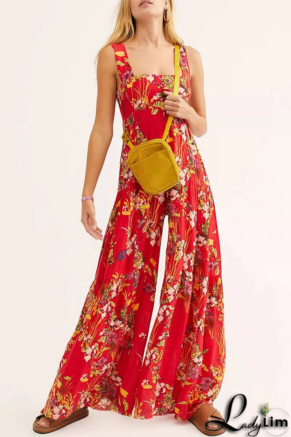 Burgundy Casual Print Split Joint Straight Jumpsuits