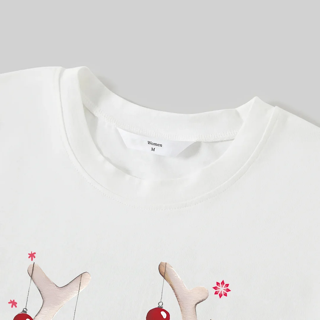 Brown Cute Christmas Elk Pattern 2024 White Long Sleeve with Black&Red Plaid Pants Family Matching Pajamas