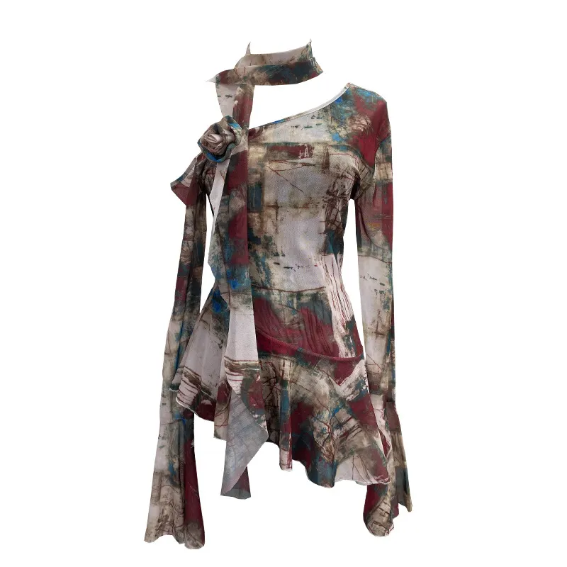 Churchf Spice Girls Inclined Shoulder Horn Long-Sleeved T-Shirt Around The Neck With Flowers Lotus Leaf-Lace Mesh Yarn Women 9985