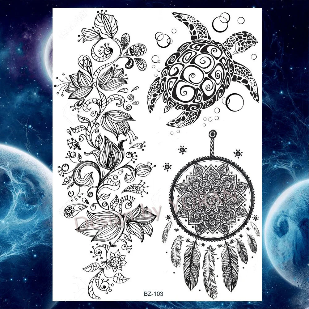 Tribal Forest Animals Black Galaxy Triangle Wolf Animals Temporary Tattoo Stickers Women Men Deer Tatoo Waterproof Arm Tattoos