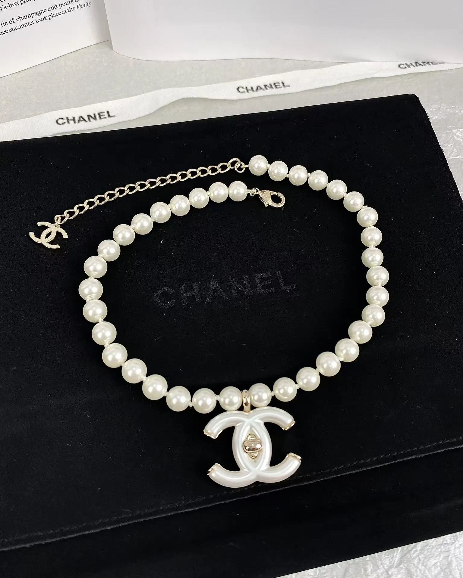 Chanel Choker Necklace with White Double C Pendant