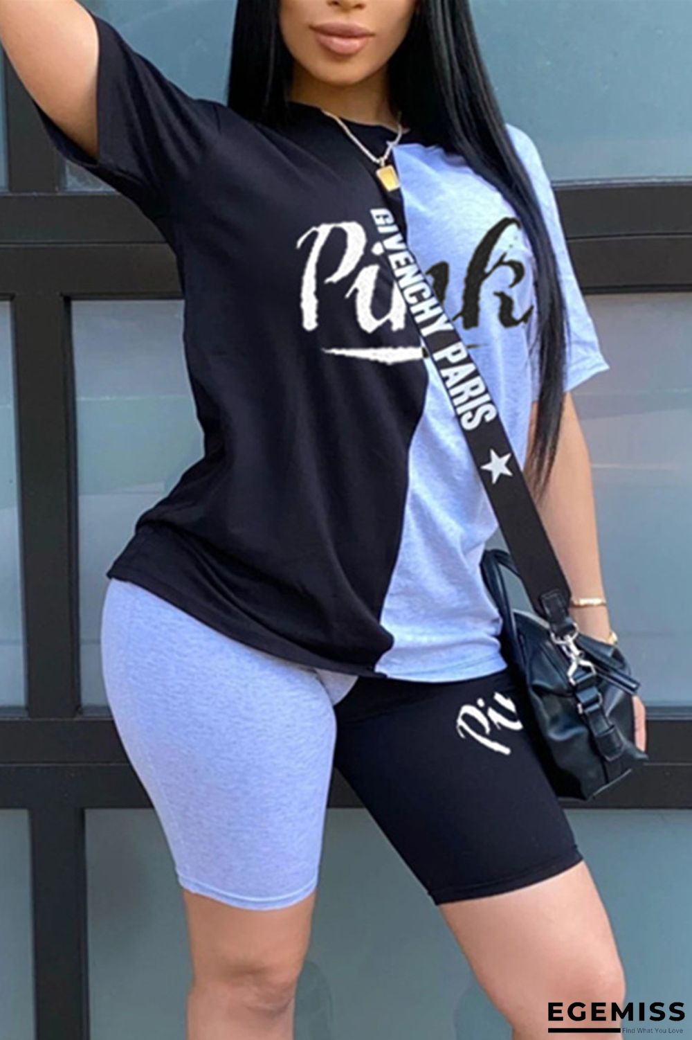 Black Fashion Casual Printed Short Sleeve Top Shorts Set | EGEMISS