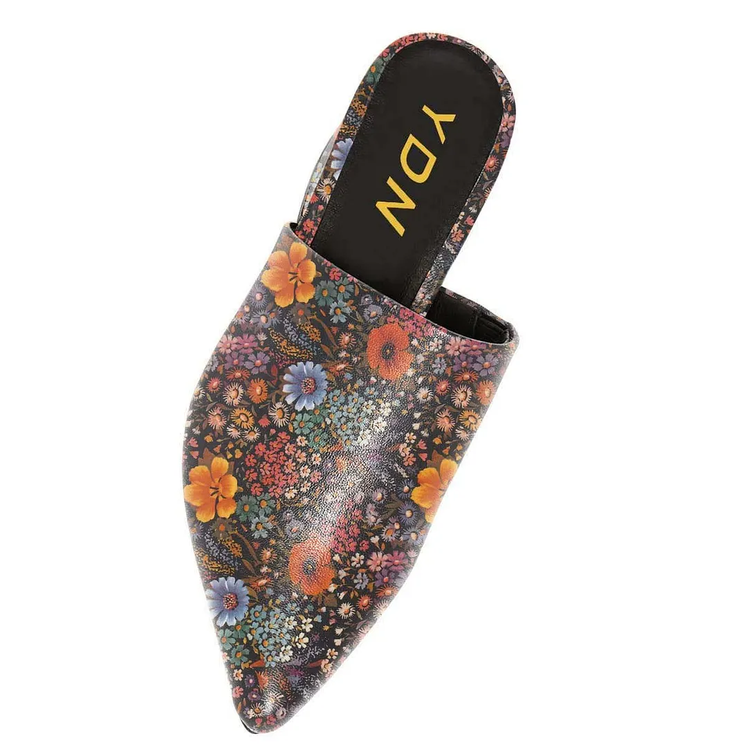 Multicolor Faux Leather Closed Pointed Toe Floral Print Heeled Mules