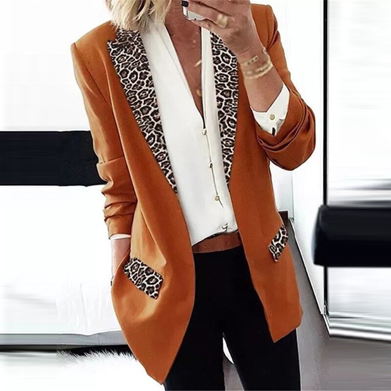 Autumn Winter New Women Fashion Lapel Leopard Print Suit Jacket Elegant Slim Office Lady Long Sleeve Coat Casual Cardigan Jacket