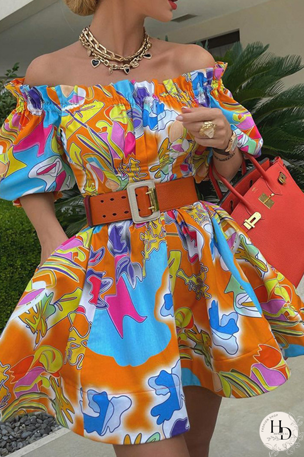 Purple Casual Print Split Joint Off the Shoulder Cake Skirt Dresses