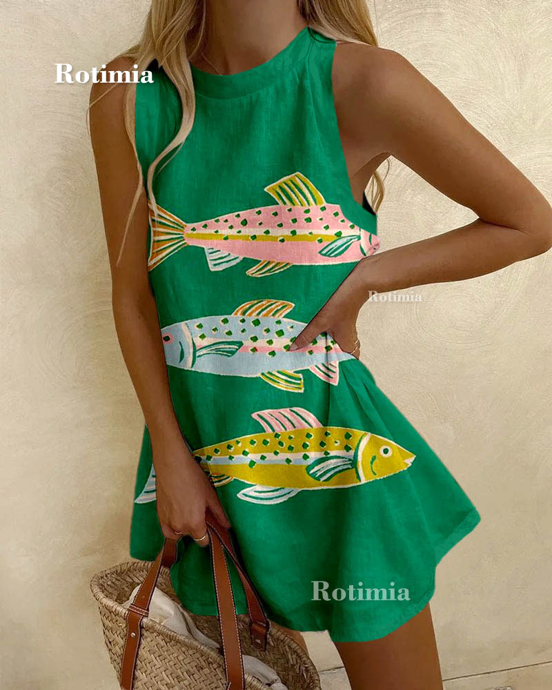 Three Fishes Casual Print Sleeveless Dress