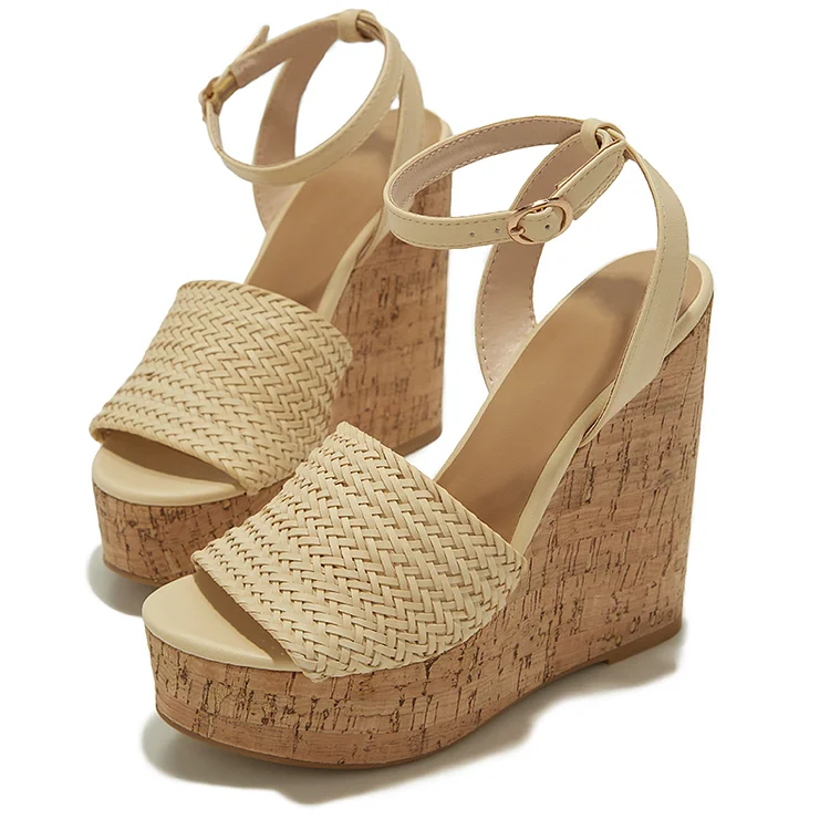 Beige Ankle Strap Braided Sandals Women'S Peep Toe Wedge Heel Summer Platform Shoes |FSJ Shoes