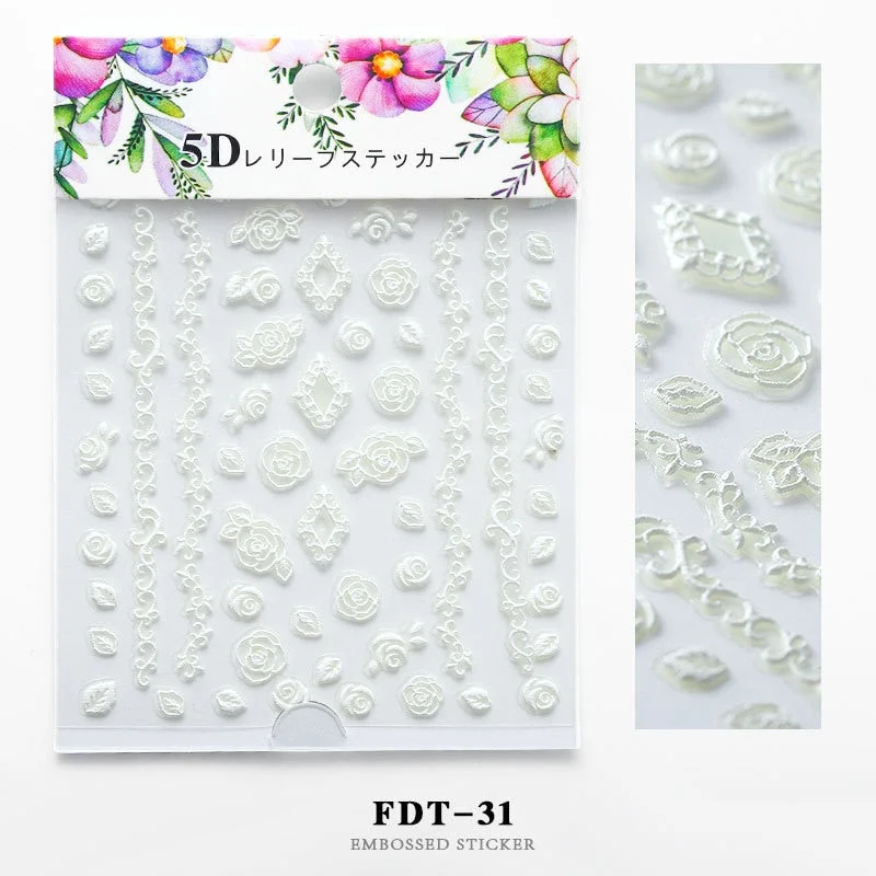 Nail Stickers Embossed 5D Elegant Flower Series Lace Designs Back Glue Nail Decals Tips For Beauty Salons-Nail Inspo
